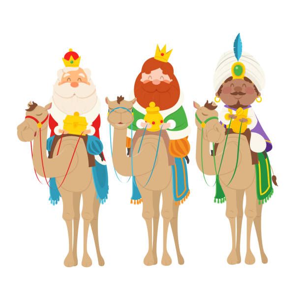 ilustraciones, imágenes clip art, dibujos animados e iconos de stock de tres sabios en camellos traen regalos - celebración epifanía vector ilustración estilo de dibujos animados - 3 wise men