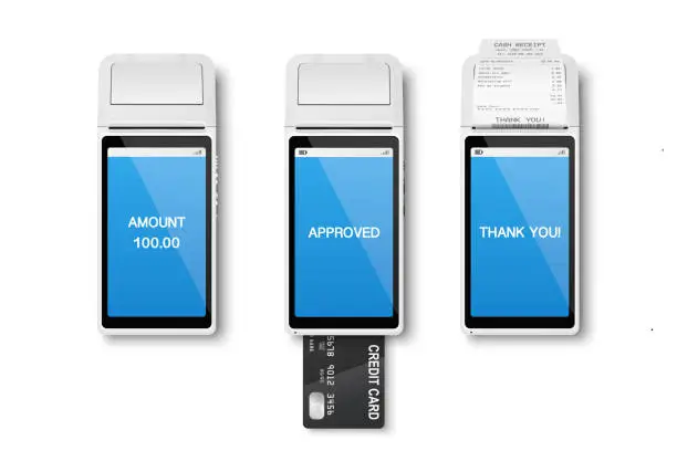 Vector illustration of Vector 3d Realistic Payment Machine. POS Terminal, Paper Receipt, Credit Card Isolated. Design Template, Bank Payment Terminal, Mockup. Processing NFC Payments Device. Top View