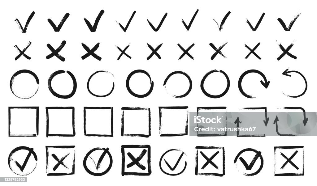 V. Mark Vector Hand Drawn Checkmarks Black Doodle V Marks Checklist Boxes Grunge Tick ...