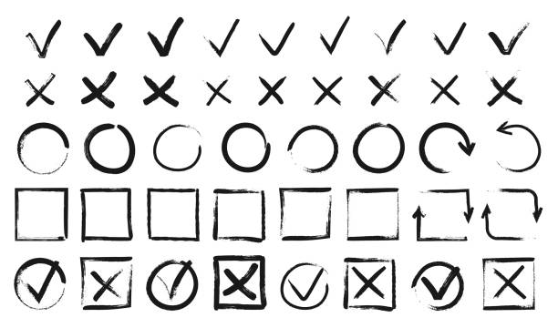 Hand drawn checkmarks. Black doodle v marks, checklist boxes. Grunge tick and cross signs, brush stroke voting checkmark vector set Hand drawn checkmarks. Black doodle v marks, checklist boxes. Grunge tick and cross signs, brush stroke voting checkmark vector set. Checkbox for items list, true and false answers voting drawings stock illustrations
