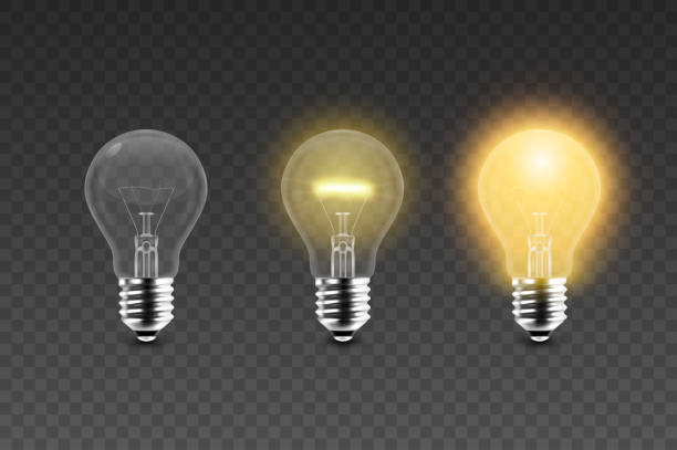 벡터 3d 사실적인 빛나는, 투명 한 배경에 격리 된 전기 전구 아이콘 설정 해제. 디자인 템플릿입니다. 영감, 아이디어 개념. 전면 보기 - light bulb electricity inspiration orange stock illustrations
