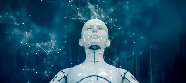 istock 3D Humanoid robot face close-up futuristic modern tech background with copy space. Future digital technology AI artificial intelligence concept. 1325755515