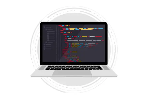 Vector illustration of Programming language and program code on screen laptop. Programming coding. PHP, HTML, C++, CSS, Js. Programmer or developer create code programming. Software, web development, programming concept