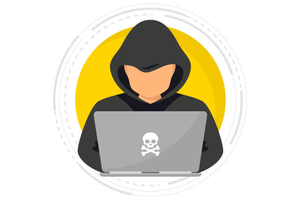 illustrations, cliparts, dessins animés et icônes de hacker, cybercriminels avec ordinateur portable volant les données personnelles de l’utilisateur. attaque de pirates informatiques et sécurité web. concept de phishing sur internet. homme en cagoule noire avec un ordinateur portable essayant de cybera - spam