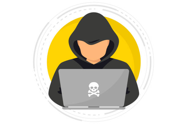 해커, 노트북 사용자 개인 데이터를 훔치는 사이버 범죄자. 해커 공격 및 웹 보안. 인터넷 피싱 개념. 사이버 공격을 시도하는 노트북과 검은 후드에 남자 - computer hacker computer crime computer thief stock illustrations