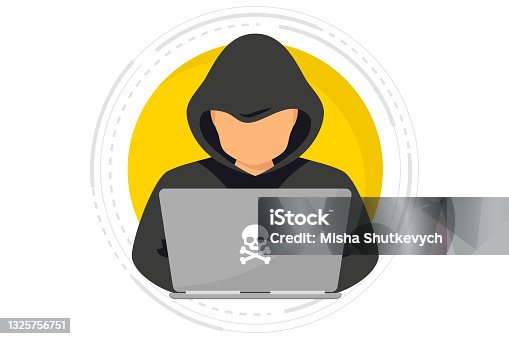 istock Hacker, Cyber criminal with laptop stealing user personal data. Hacker attack and web security. Internet phishing concept. Man in black hood with laptop trying to cyber attack 1325756751