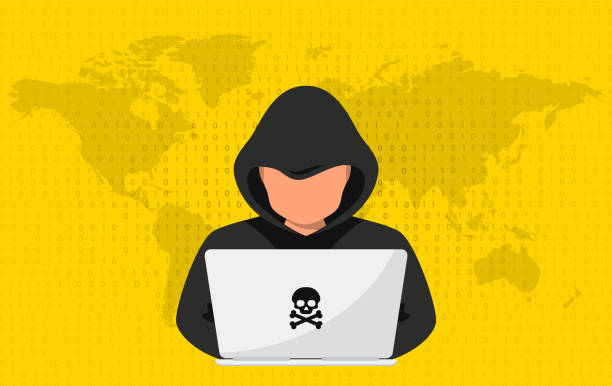 ilustrações de stock, clip art, desenhos animados e ícones de hacker, cyber criminal with laptop stealing user personal data. hacker attack and web security. internet phishing concept. man in black hood with laptop trying to cyber attack - thief stealing identity computer