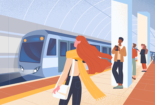 Subway train arriving or leaving metro platform. Urban public transport. Daily city routine. Passengers Male and female characters waiting in modern metro station. Flat cartoon vector illustration