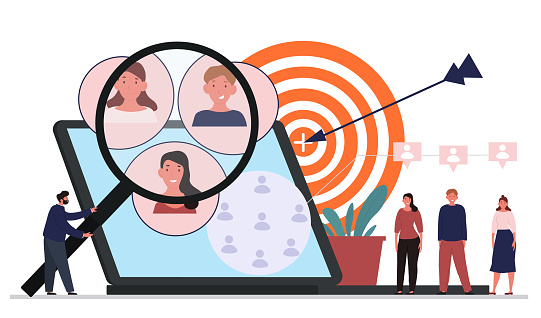 Target audience segmentation, customer group selection concept. Male character examines group of people under magnifying glass. Marketing research. Flat cartoon vector illustration. Abstract metaphor