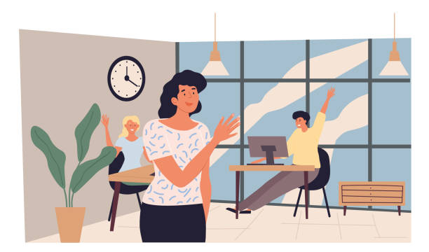 Woman leaving office and saying goodbye to colleagues Young woman leaving office and saying goodbye to colleagues. She going home after a day at the office. Cute female character leaving workplace. Daily routine concept. Flat cartoon vector illustration arrival stock illustrations