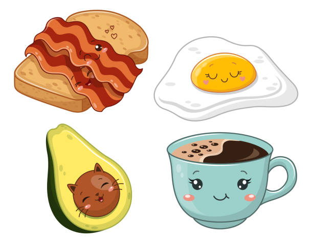 süßekawaii frühstück - coffee fried egg breakfast toast stock-grafiken, -clipart, -cartoons und -symbole