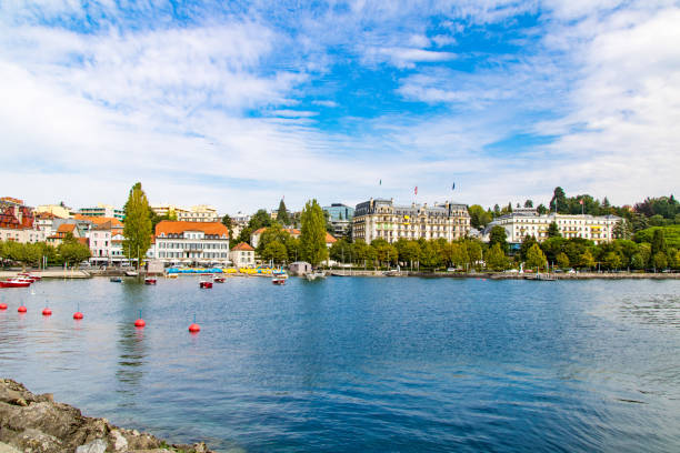 View of the Ouchy district from the quays of Lake Geneva in Lausanne (Canton of Vaud, Switzerland) stock photo