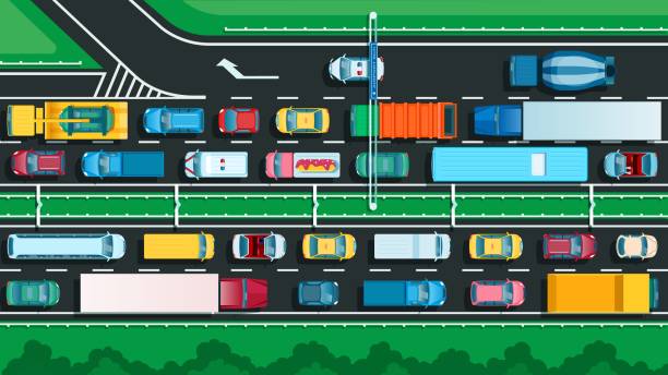 Top view highway with traffic jam. Many different cars on city street. Transportation problem, urban transport on jammed road vector illustration Top view highway with traffic jam. Many different cars on city street. Transportation problem, urban transport on jammed road vector illustration. Vehicles moving slowly on way lanes traffic stock illustrations