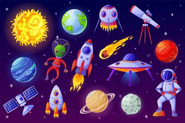 Vector illustration of Cartoon space elements. Alien, ufo spaceship, rocket, astronaut, asteroid, satellite, telescope. Colorful universe cosmic element vector set