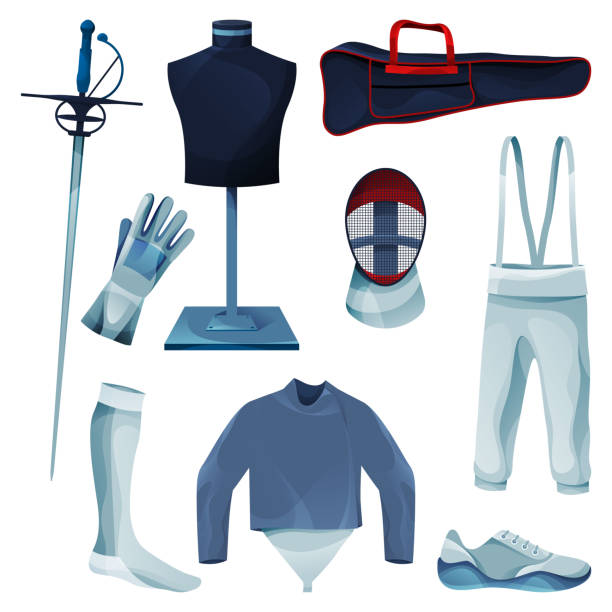 ilustrações de stock, clip art, desenhos animados e ícones de fencing equipment or game tools collection, set - fencing sport rivalry sword