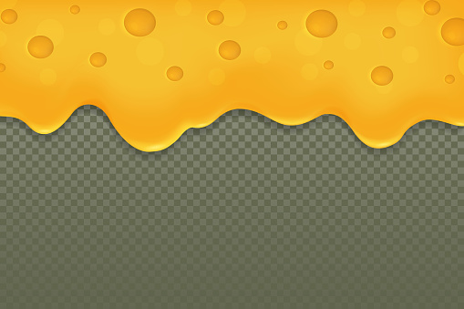 Realistic cheese or curd banner. Flowing or melted cheddar cheese element, border. Stretchy texture with holes, blank yellow mockup. Natural dairy food.