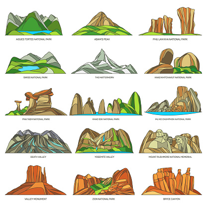 Vector natural landscapes or landmarks set. Linear icons of tourist sightseeing. Death and Yosemite valleys, Rushmore memorial, Bryce canyon, Swiss national park, The Matterhorn, Adam's peak.