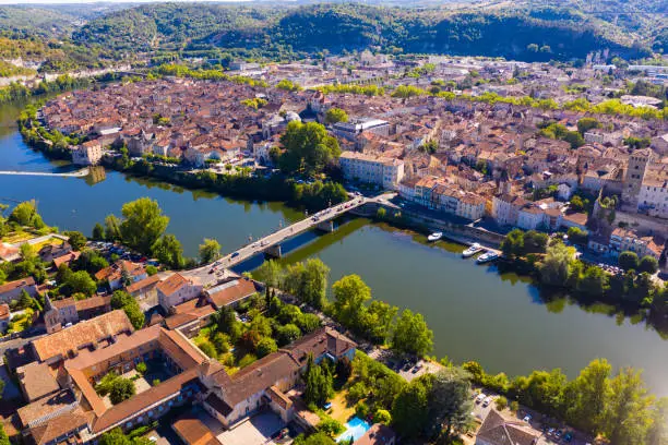 Panoramic view from drone of houses, hills and Lot river of french city Cahors