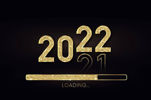 illustrations, cliparts, dessins animés et icônes de barre de progression de l’or du nouvel an 2022. barre de chargement en or avec des particules de paillettes sur fond noir pour la carte de vœux de noël. modèle de conception pour l’invitation à une fête de fin d’événement. concept de bannière - nouvel an