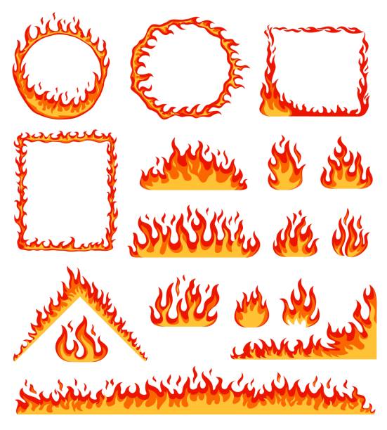 ilustraciones, imágenes clip art, dibujos animados e iconos de stock de marco de fuego de dibujos animados. círculo ardiente al rojo vivo y marcos rectangulares. borde de llama horizontal, fogata, conjunto de vectores de efecto de línea de fuego ardiente - llama