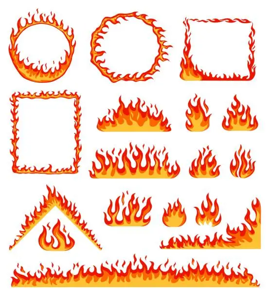 Vector illustration of Cartoon fire frame. Red hot burning circle and rectangular frames. Horizontal flame border, campfire, blazing fire line effect vector set