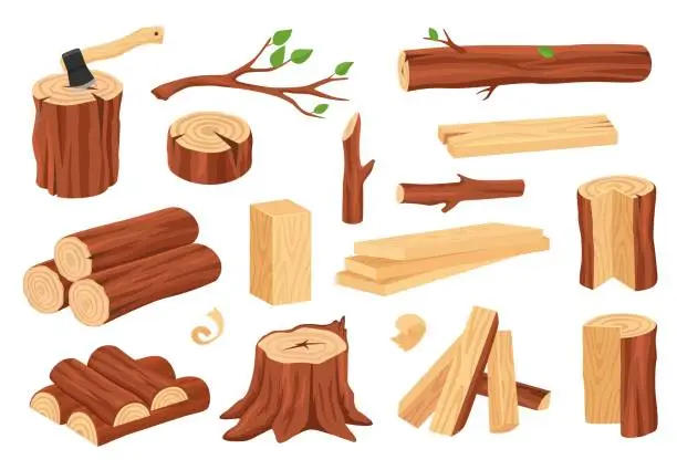 Vector illustration of Cartoon wood log and trunk. Wooden lumber materials logs, trunks, stumps, firewood, planks, branches. Hardwood construction elements vector set