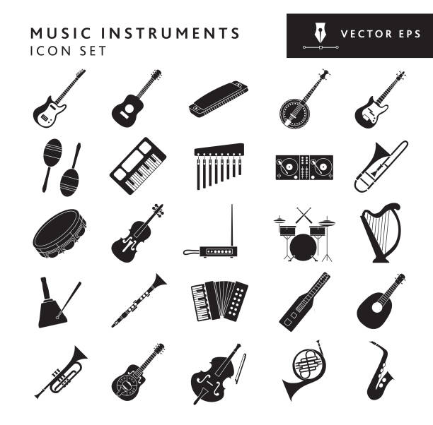 Musical instruments and elements big Icon set on white background - editable stroke Vector illustration of a black and white set of instrument icons on white background. Fully editable stroke. Simple icons include electric guitar, acoustic guitar, harmonica, banjo, electric bass, Maraca, keyboard, chimes, dj turntable, trombone, tambourine, fiddle, Theremin, drums, harp, cow bell, clarinet, accordion, lap guitar, mandolin, trumpet, steel guitar, cello, French horn, saxophone. Vector eps 10 and high resolution jpg in download. musical instrument stock illustrations