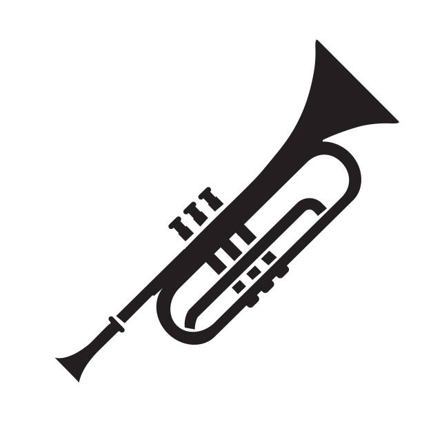 dünne linie symbol eines trompeten-musikinstruments auf weißem hintergrund - trumpet stock-grafiken, -clipart, -cartoons und -symbole