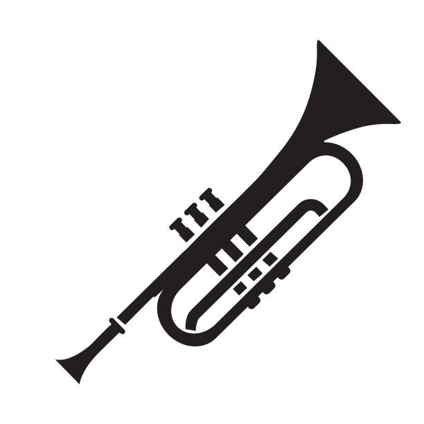 ilustrações, clipart, desenhos animados e ícones de ícone de linha fina de um instrumento de música de trompete no fundo branco - trompete