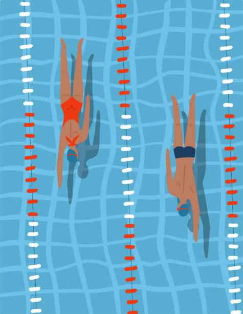 プールレース - レーンライン内の青い水で泳ぐスポーツ競技の人々。水泳選手の男女がプールで這う。上から見る。水泳選手アスリートのフラットポスターベクトルイラスト - federal emergency management agency点のイラスト素材／クリップアート素材／マンガ素材／アイコン素材