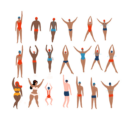 Swimmers set. Various characters swimming people in action poses, sport man swim action. Male and female athletes. Flat vector illustration