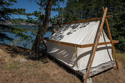 Canvas Prospector Tent pitched at a Shoreline Campsite in the Southern Gulf Islands