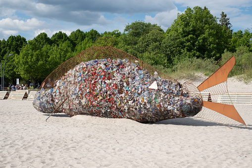 Pärnu, Estonia - June 5, 2021: Giant fish shaped wire trash container for collecting plastic waste on a clean beach.