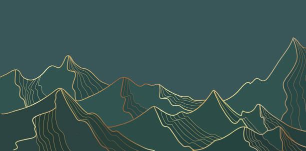 Golden mountain line landscape, wallpaper Golden mountain line landscape, wallpaper mountainous design for print. Alpine abstract view Vector illustration. landscape scenery patterns stock illustrations