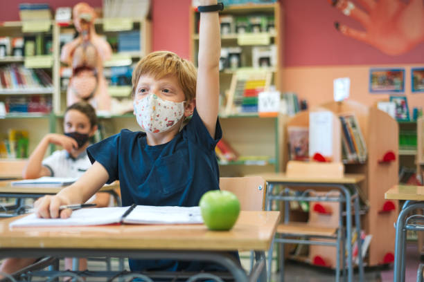 a child sitting at a desk with a protective mask on the first day of school, raises his arm to ask the teacher. back to school concept. - apple for the teacher imagens e fotografias de stock