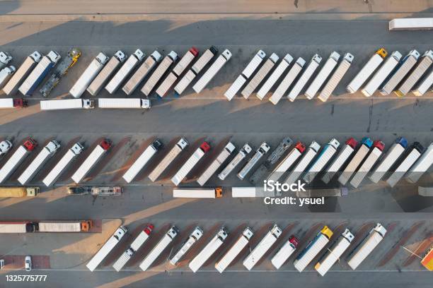 Trucks Parking Lot 1 Stock Photo - Download Image Now - Fleet of Vehicles, Truck, Semi-Truck