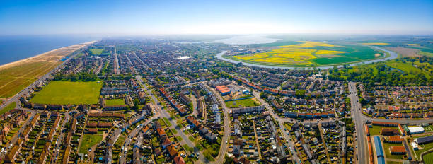 the aerial view of great yarmouth, a resort town on the east coast of england, in sunny summer day - great yarmouth england norfolk river imagens e fotografias de stock