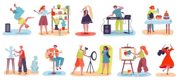 Vector illustration of People hobby. Men and women baking, singing, dancing, gardening, sculpting. Characters with various creative occupation or profession vector set