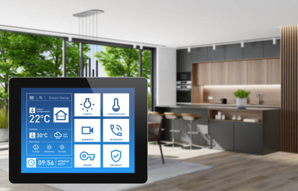 istock Smart Home Touch Screen device for home control with simple concept app design. Modern interior 1325778805