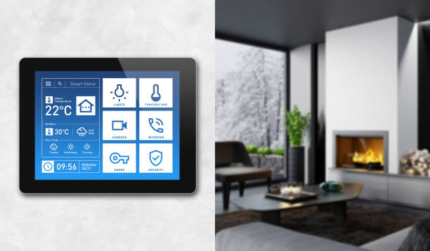 istock Smart Home Touch Screen device for home control with simple concept app design. Modern interior 1325778812