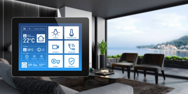 istock Smart Home Touch Screen device for home control with simple concept app design. Modern interior 1325778819