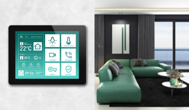 istock Smart Home Touch Screen device for home control with simple concept app design. Modern interior 1325779415