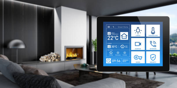 istock Smart Home Touch Screen device for home control with simple concept app design. Modern interior 1325779433
