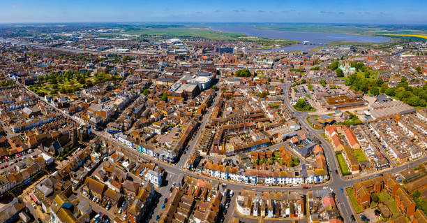 the aerial view of great yarmouth, a resort town on the east coast of england, in sunny summer day - great yarmouth england norfolk river imagens e fotografias de stock