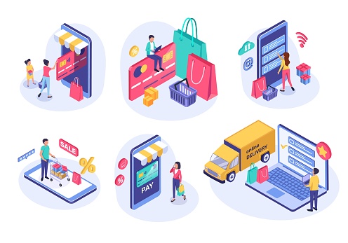 Isometric online shopping. People buying online using phone. E-commerce, digital payment, sale discount, delivery 3d vector concept. Using laptop and smartphone for purchasing in internet