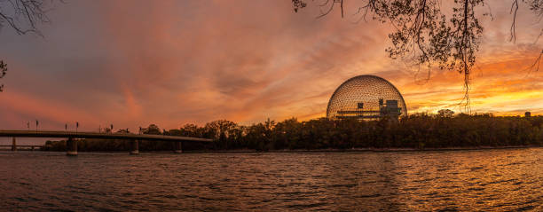 The Montreal Biosphere is illuminated by a system of rotating projectors. The colors change slowly during the night. Parc Jean Drapeau October 2017.
