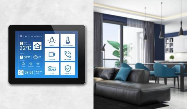 istock Smart Home Touch Screen device for home control with simple concept app design. Modern interior 1325779584