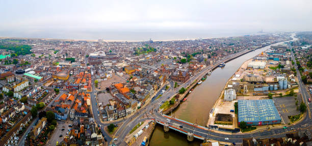 the aerial view of great yarmouth, a resort town on the east coast of england, in cloudy day - great yarmouth england norfolk river imagens e fotografias de stock