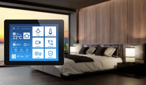 istock Smart Home Touch Screen device for home control with simple concept app design. Modern interior 1325779737