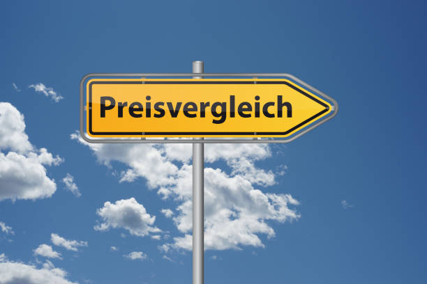 Signpost arrow with German word price comparison in front of blue sky